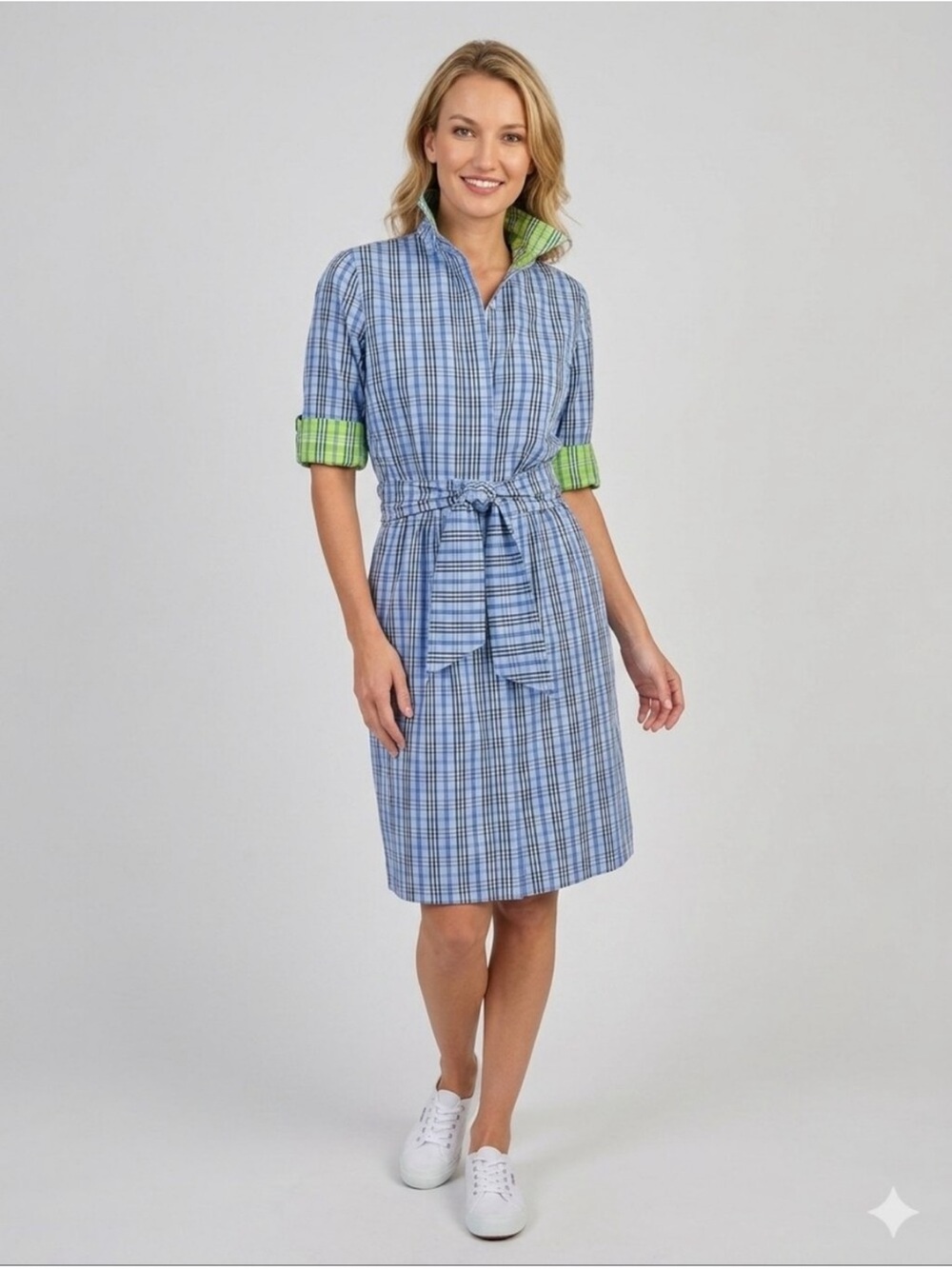 New Gretchen Scott Breezy Blouson Dress in periwinkle blue plaid size small
